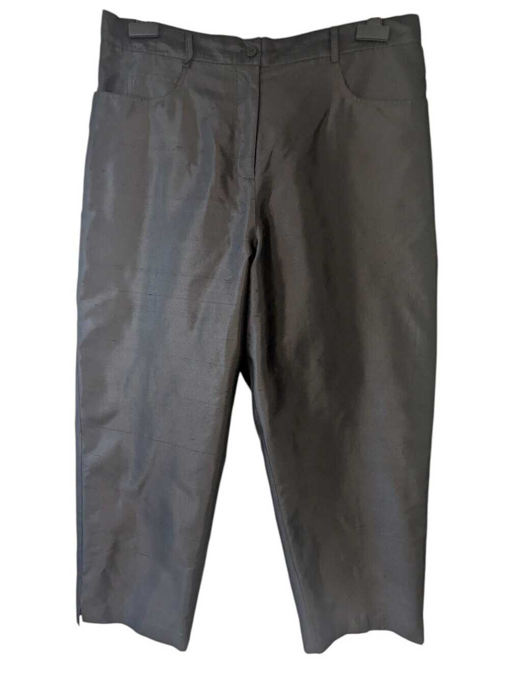 Vintage Fusion Shimmery Black Silk Straight-Leg Capri Trousers Fully Lined 14